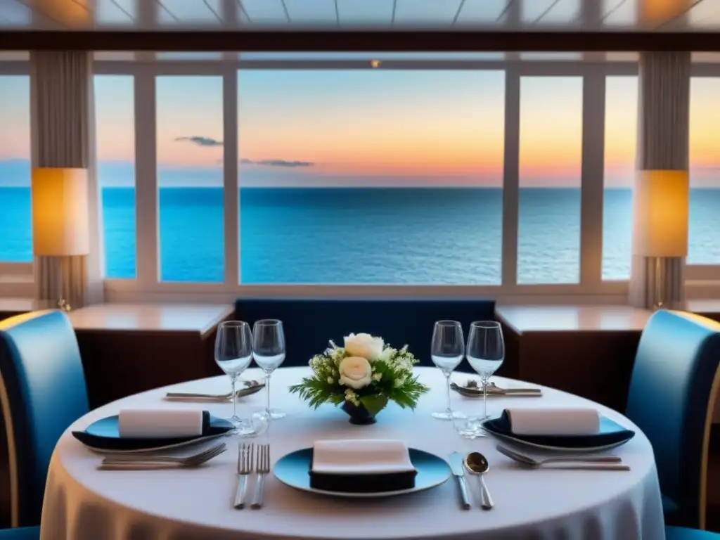 Una elegante sala de comedor en un crucero, con vajilla fina y una vista al mar al atardecer