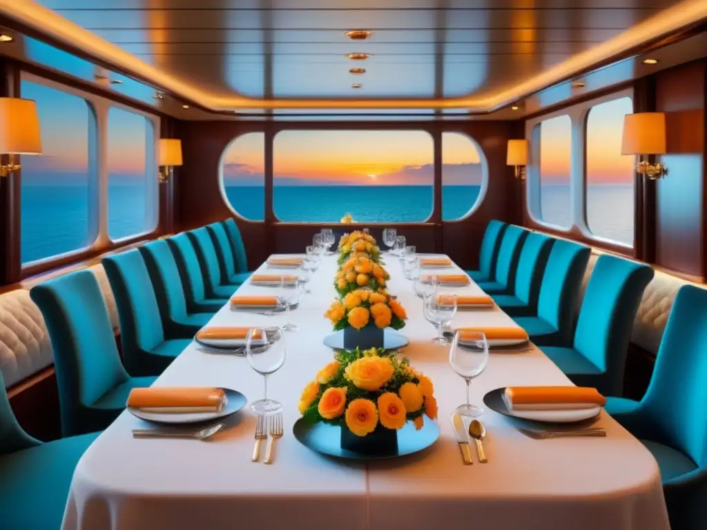 Una elegante sala de comedor en un lujoso crucero con fina vajilla, cristalería y decoración floral, iluminada por una suave luz ambiental