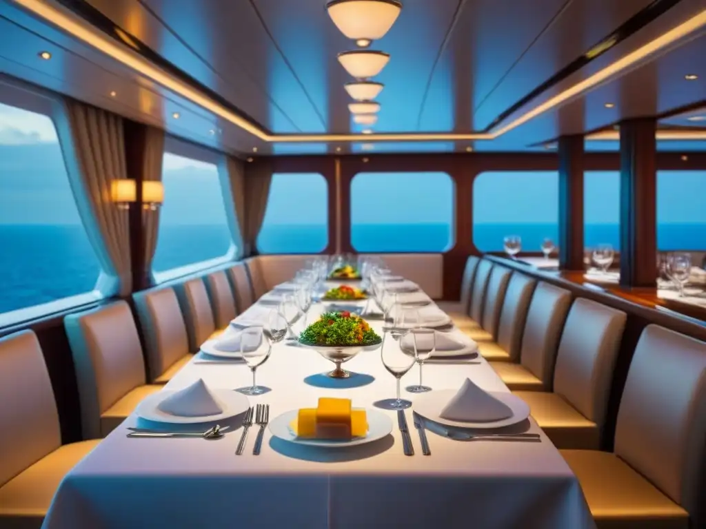 Una elegante sala de comedor en un lujoso crucero, con exquisitos detalles y platos gourmet