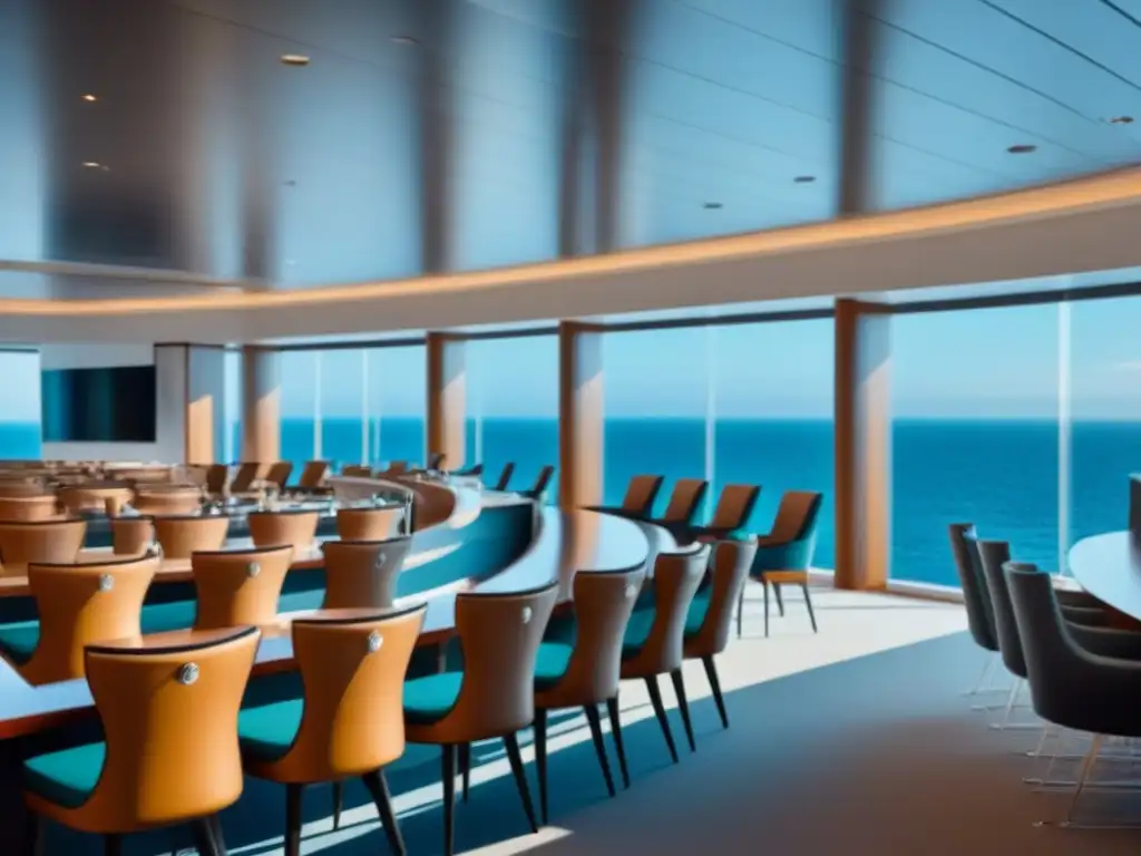Elegante sala de conferencias en crucero con vista al mar, ideal para talleres y conferencias en cruceros