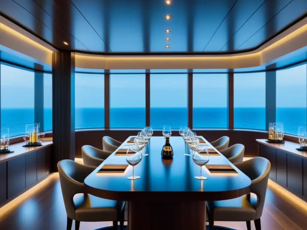 Un elegante salón de catas de vinos en un crucero de lujo, con vista al mar y una mesa de madera con copas de cristal