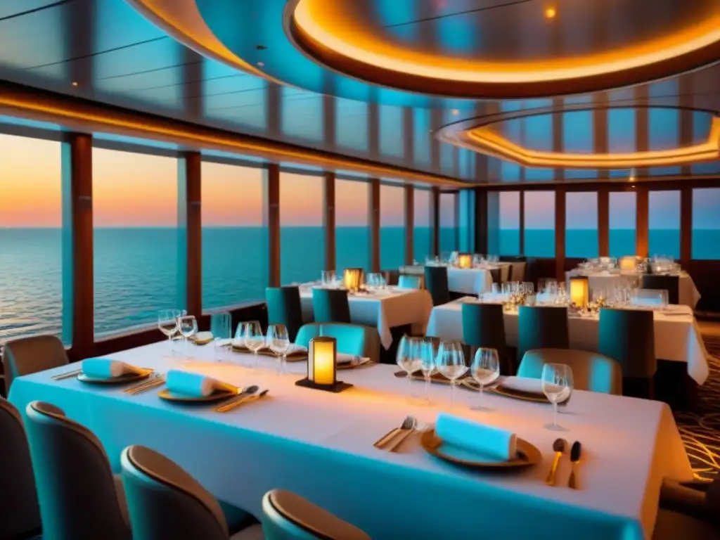 Un elegante salón de comedor de crucero de lujo iluminado cálidamente, listo para una experiencia gastronómica exclusiva