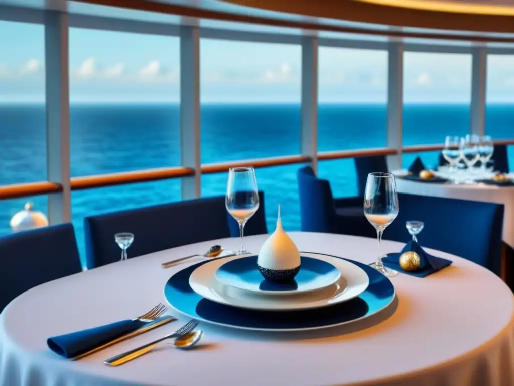 Elegante salón de comedor en crucero con banquete navideño, decoración festiva y vista al mar