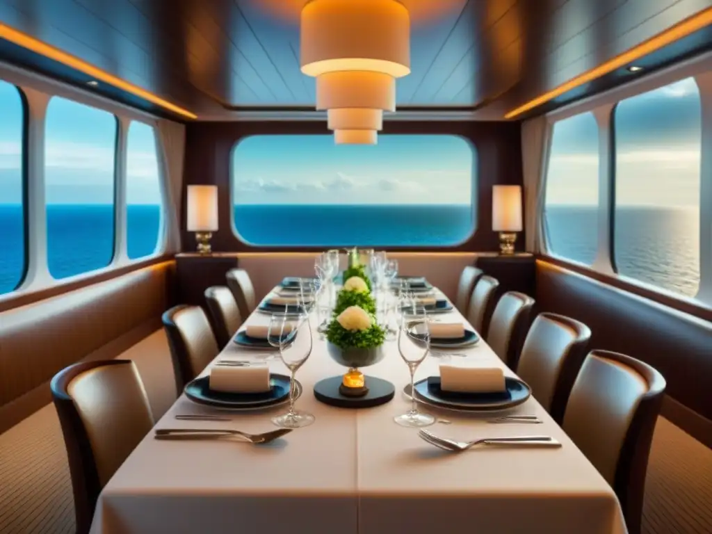 Un elegante salón de comedor en un crucero de lujo con vistas al mar, ideal para tours gastronómicos en cruceros