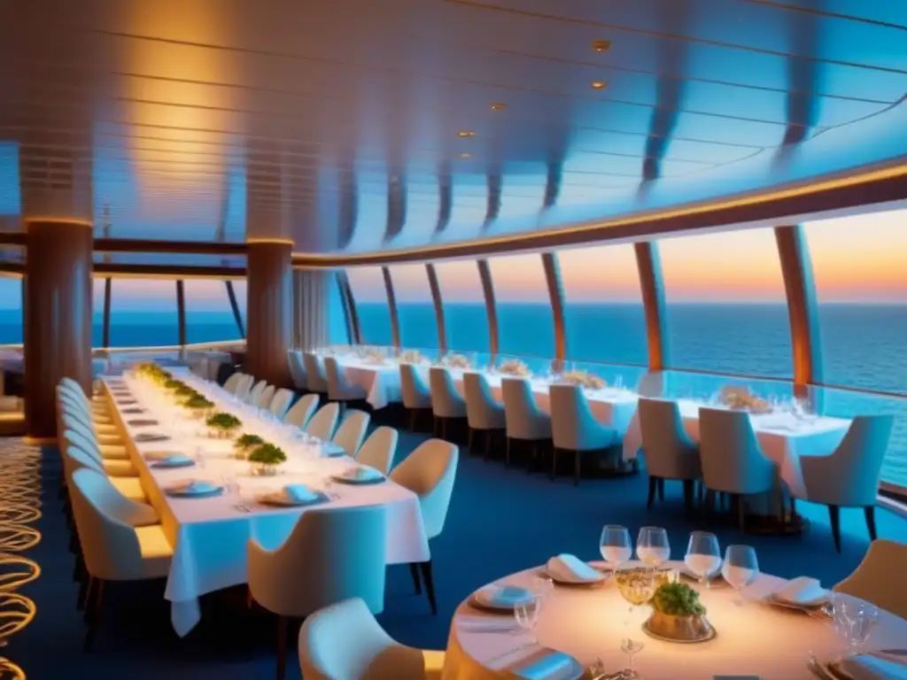 Elegante salón de comedor de crucero con fusión culinaria, vista al mar y atmósfera cálida