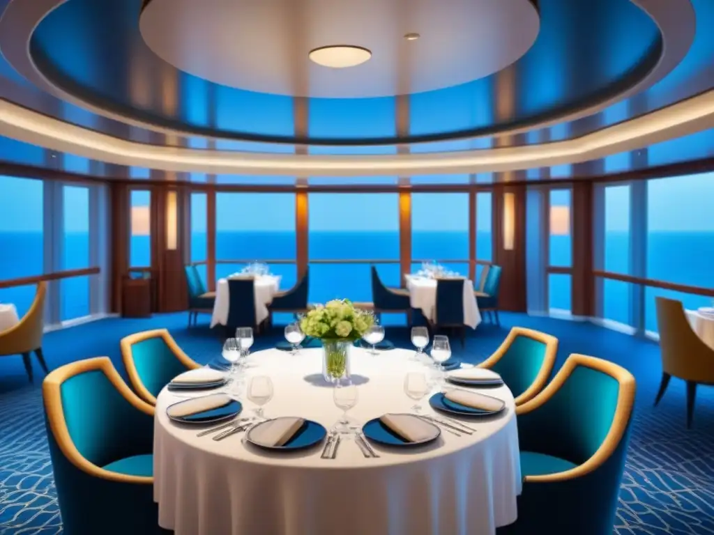 Un elegante salón de comedor de crucero con una mesa exquisitamente preparada y ingredientes exclusivos en platos elegantes