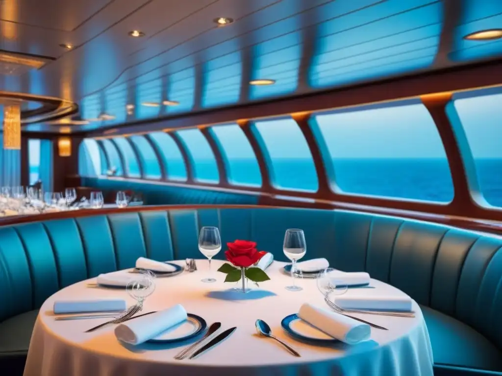 Exclusivo comedor de crucero: elegancia y sofisticación en alta mar Un elegante salón de comedor en un crucero de lujo, con exquisitos menús personalizados, ambiente acogedor y vistas al mar