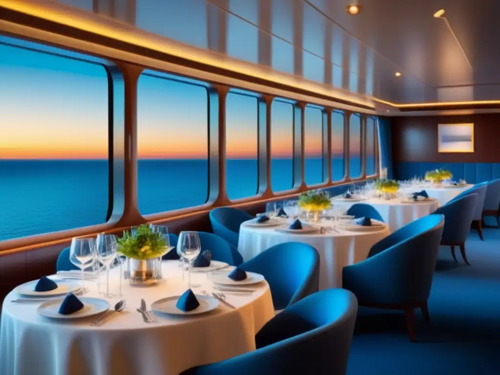 Un elegante salón de comedor de crucero de lujo con vista al mar, iluminado suavemente