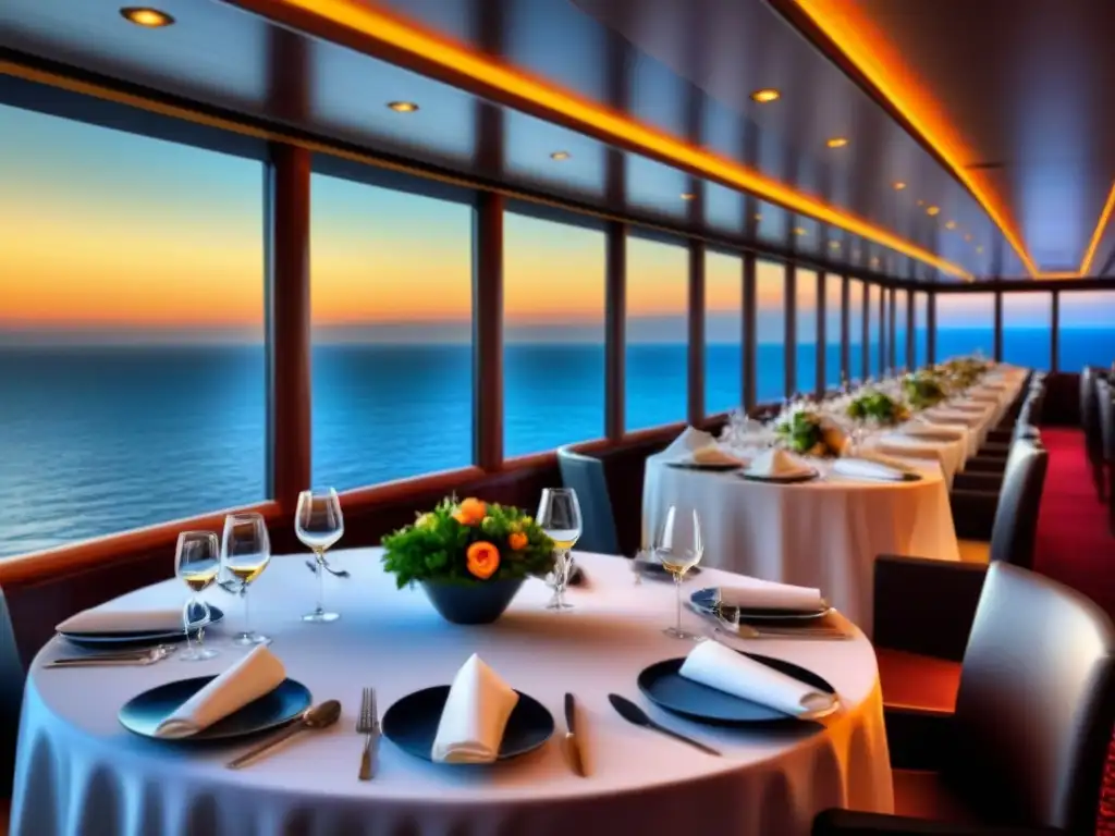 Un elegante salón de comedor en un crucero de lujo con exquisitos arreglos, cubiertos relucientes y una vista panorámica del océano al atardecer, mostrando una comida gourmet presentada bellamente con cocina internacional