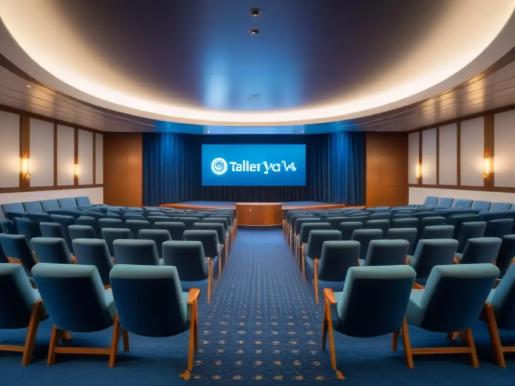 Un elegante salón de conferencias en crucero con luces suaves y lujosa decoración, ideal para talleres y conferencias en cruceros