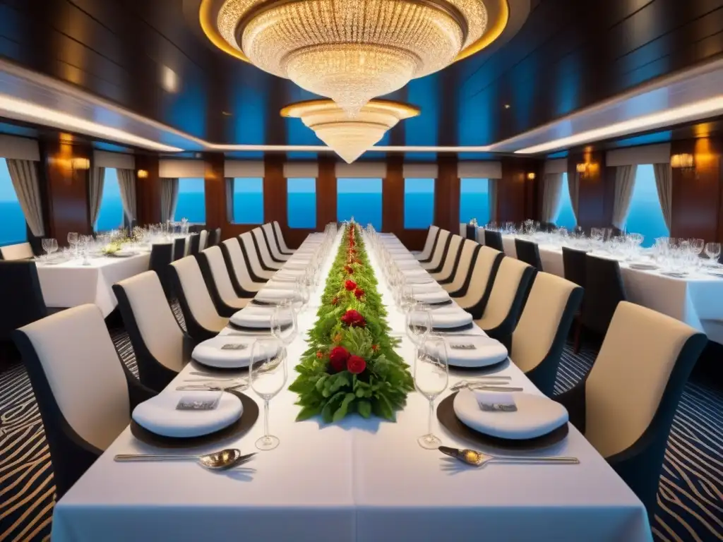 Un elegante salón de un crucero de lujo con exquisitos detalles y una presentación gourmet