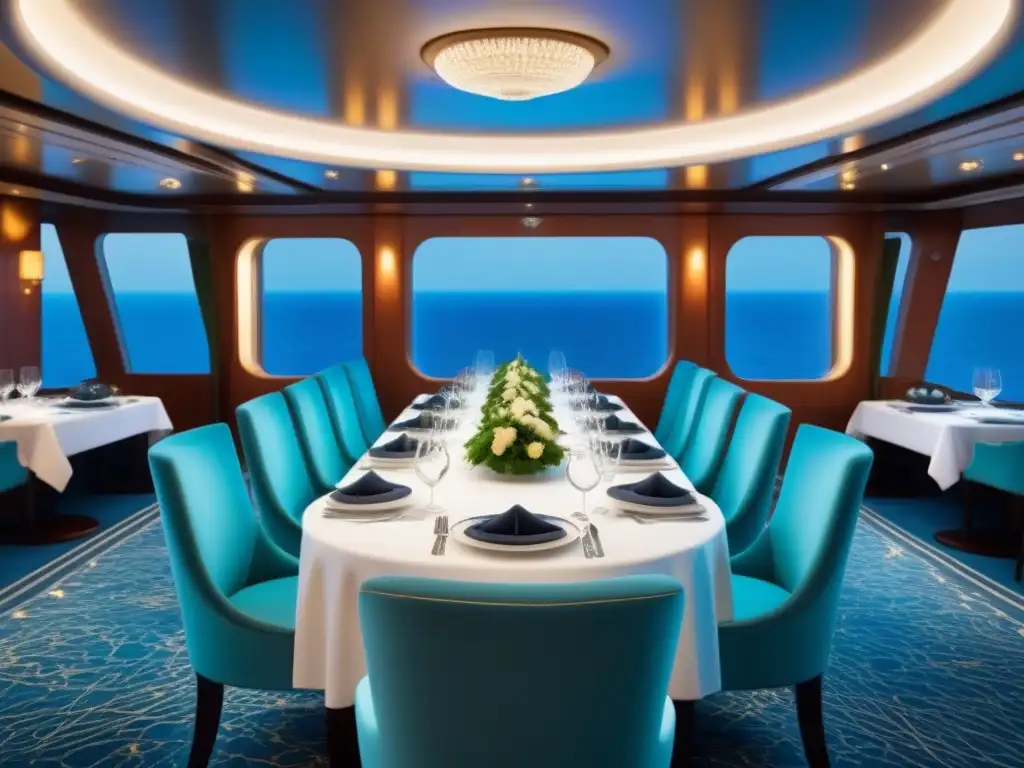 Elegante salón de un crucero de lujo con mesas impecablemente montadas y vista al mar