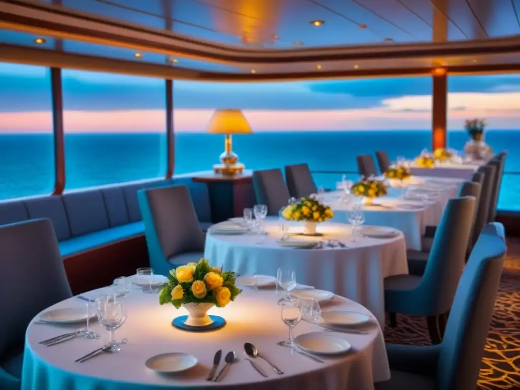 Elegante salón de un crucero con mesas exquisitamente decoradas y comensales disfrutando de una comida gourmet al atardecer en el mar