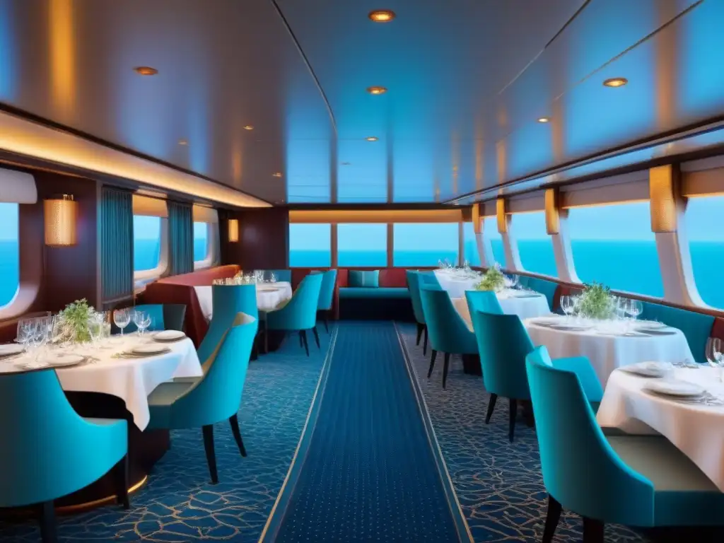 Un elegante salón de crucero transformado en una cautivadora cena temática de lujo, fusionando influencias gastronómicas globales