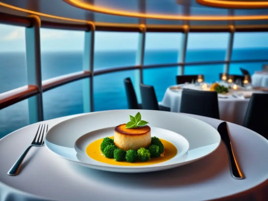 Una elegante y serena presentación de comida saludable en cruceros, con ingredientes vibrantes y una mesa moderna