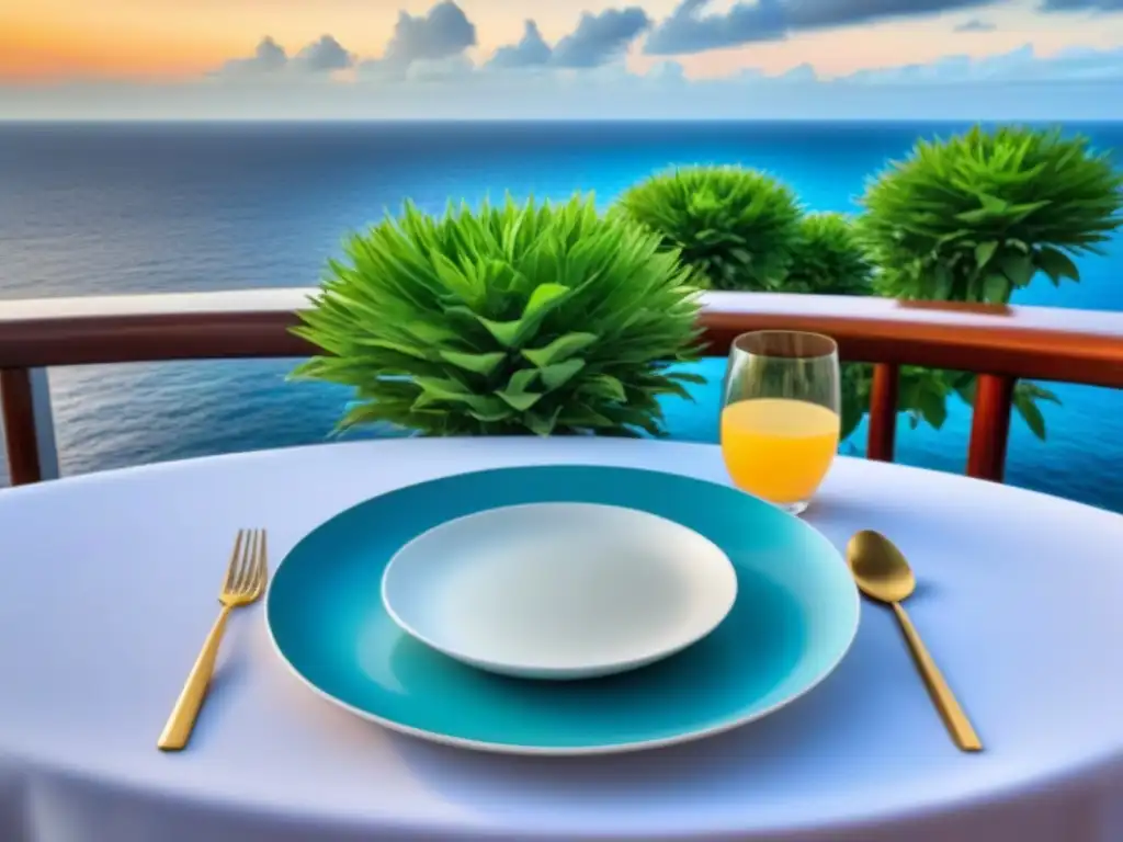 Un elegante y sereno comedor en un crucero con alimentos sostenibles en cruceros, rodeado de lujo y naturaleza al atardecer