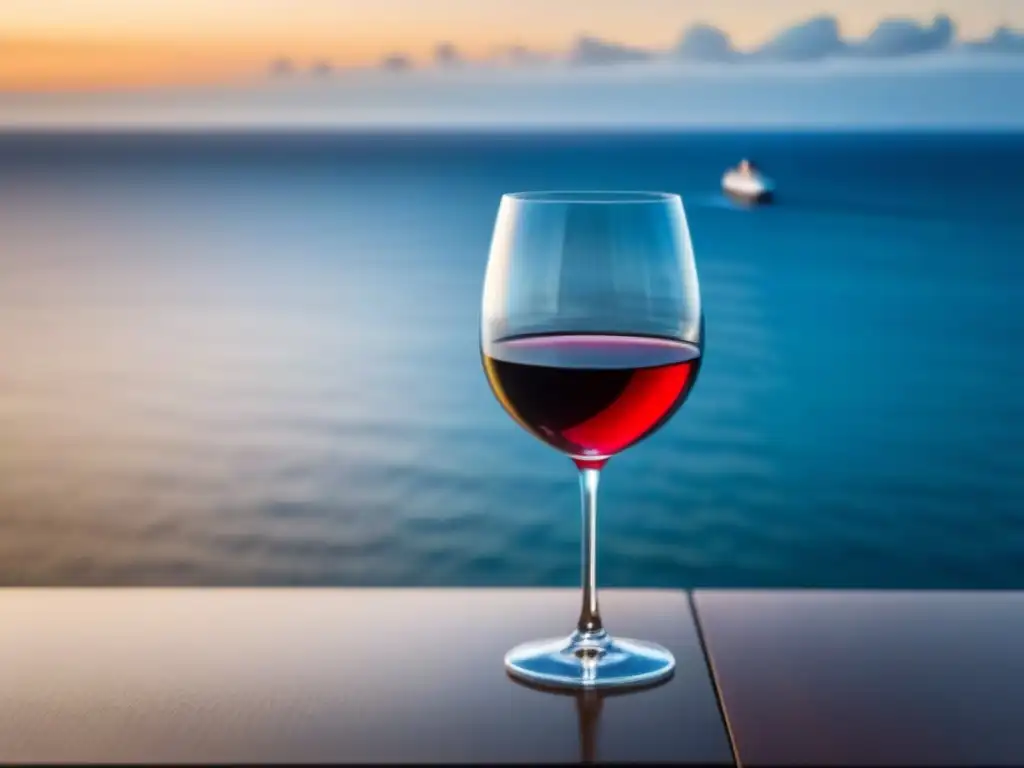 Un elegante y sereno vaso de vino en una mesa de madera, con vista al mar desde un crucero de lujo