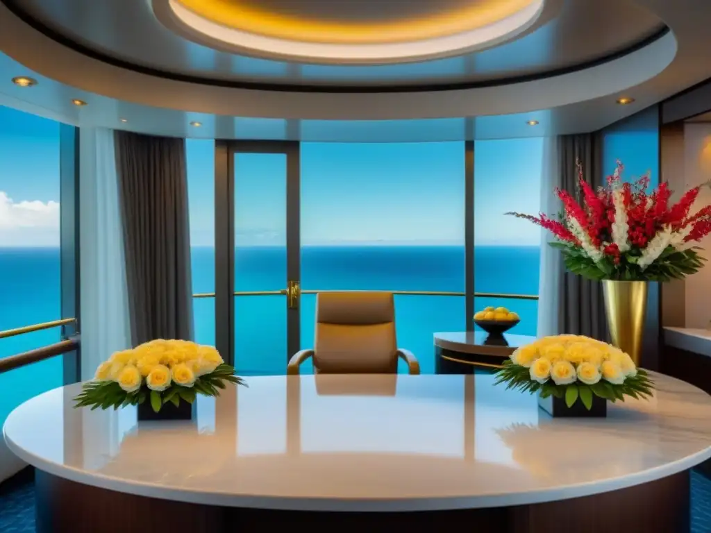 Elegante servicio de concierge en cruceros con toques dorados, flores frescas y vista al mar