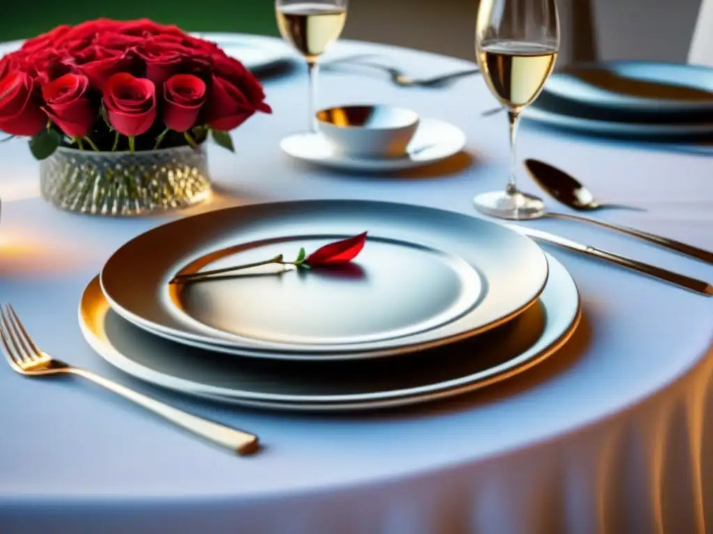 Elegante servicio de mesa con cubiertos relucientes, rosa roja y mantel blanco impecable