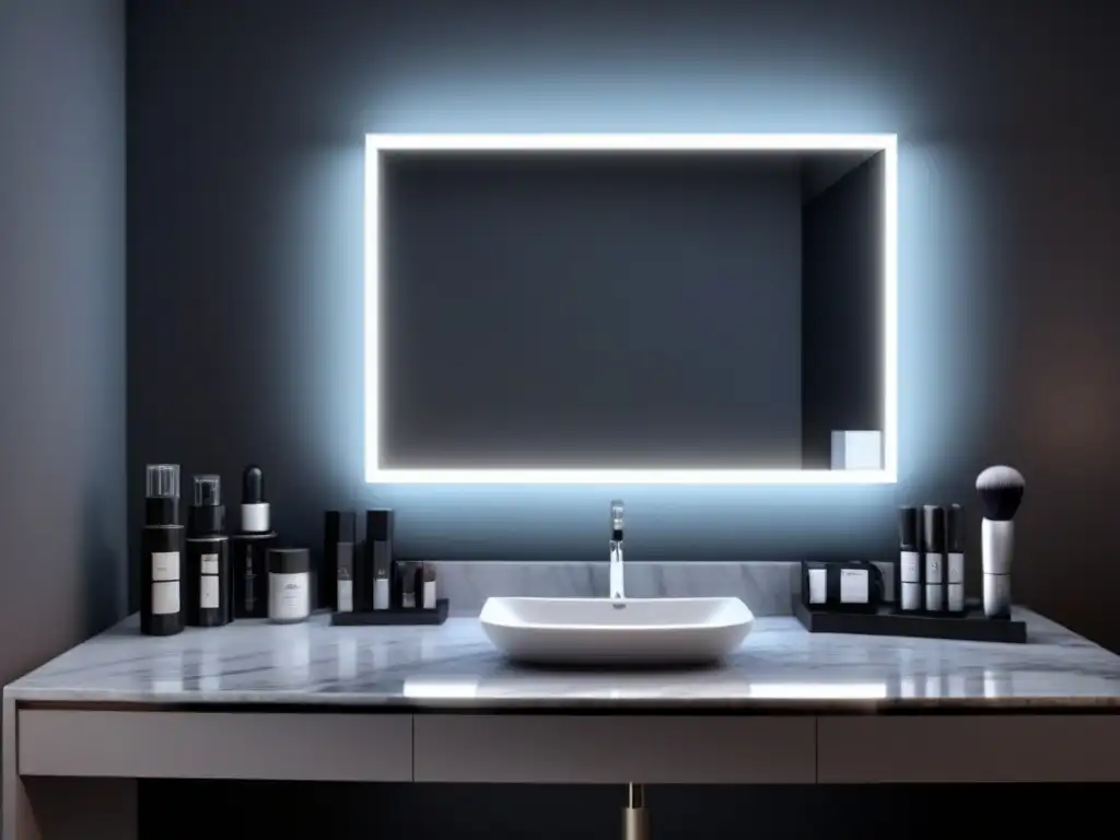 Un elegante set de tocador minimalista en mármol, con productos de belleza de lujo, reflejando un suave resplandor