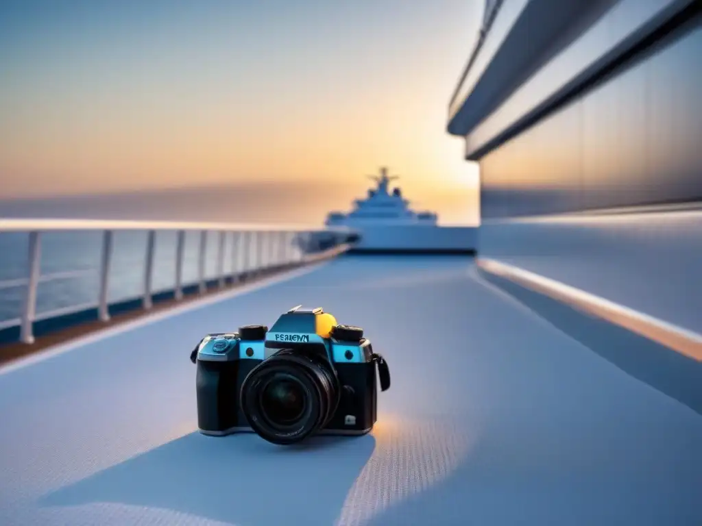 Un elegante símbolo de fotografía profesional en cruceros, reposando en la cubierta de un barco al atardecer