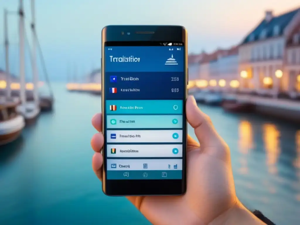 Un elegante smartphone muestra una app de traducción en un diseño náutico sofisticado