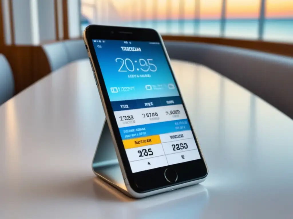 Un elegante smartphone muestra un ticket de crucero digital en una mesa blanca impecable, destacando el Pago sin contacto en cruceros