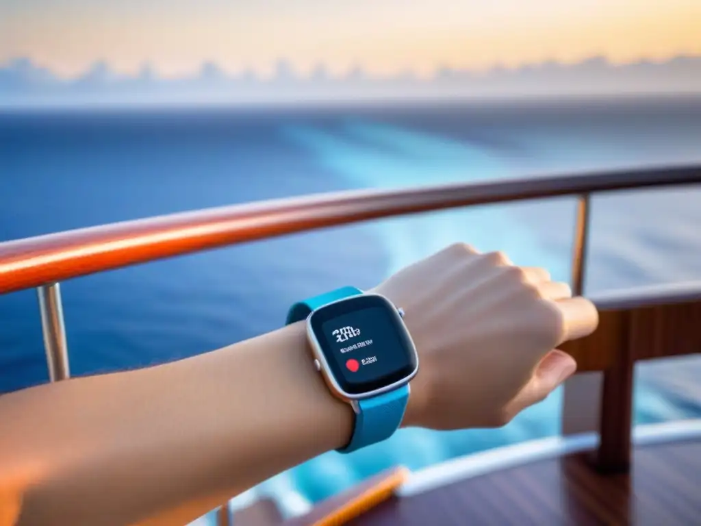 Un elegante smartwatch descansando en la barandilla de madera de un lujoso crucero, con el océano azul de fondo