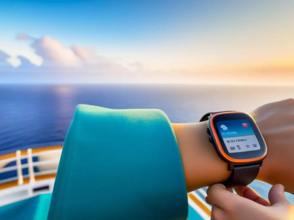 Un elegante smartwatch impermeable en un crucero, con notificaciones y actividades, en un mar cristalino con un lujoso barco de crucero