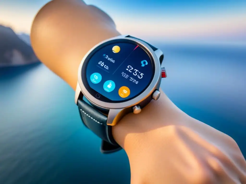 Smartwatch de lujo con apps náuticas en pantalla de alta resolución Un elegante smartwatch de lujo con apps de crucero en una pantalla de alta resolución, sobre un fondo degradado en azul océano