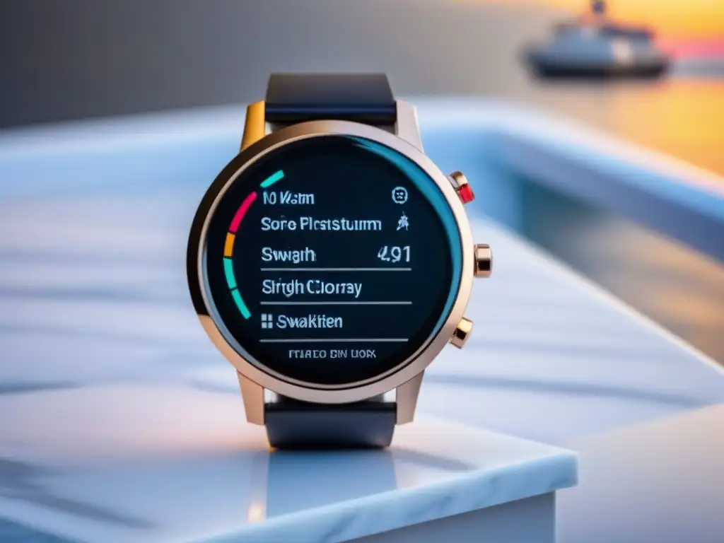 Smartwatch de lujo con app de itinerario de crucero Un elegante smartwatch de lujo sobre mármol blanco, con app de crucero sofisticada
