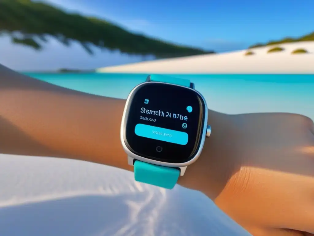 Reloj inteligente de lujo en paraíso tropical Un elegante smartwatch en la playa, fusionando lujo y tecnología