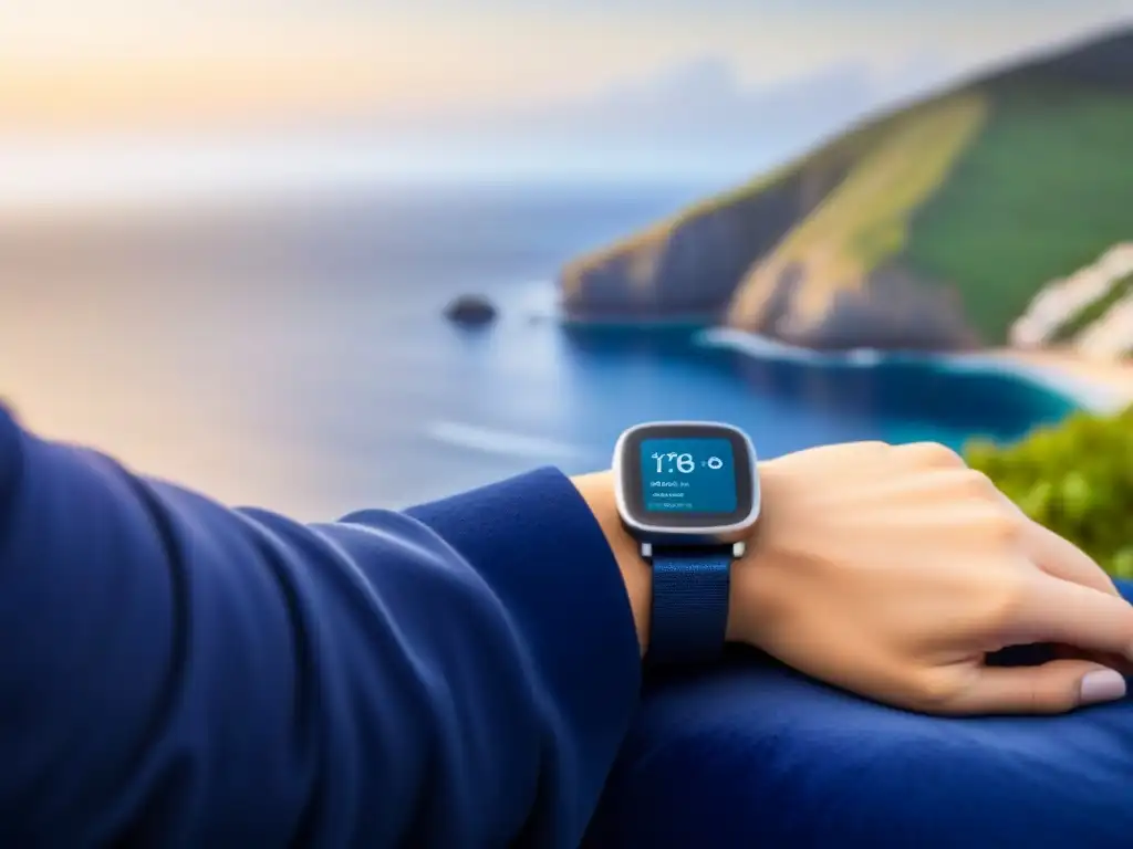 Reloj inteligente de lujo: elegancia en metal y vista al mar Un elegante smartwatch sobre terciopelo, con luz suave resaltando su diseño metálico y pantalla digital mostrando un paisaje marino