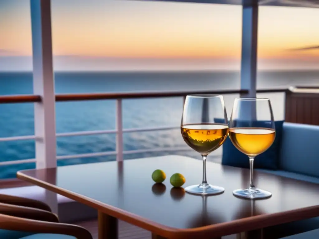 Un elegante sommelier sirve vino en una cata de vinos en crucero al atardecer