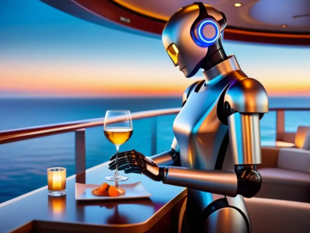 Elegante robot sommelier sirviendo vino en crucero marítimo al atardecer