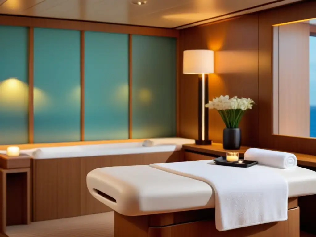 Un elegante spa en un crucero: mesa de masajes, toallas blancas, flores frescas y aceites esenciales