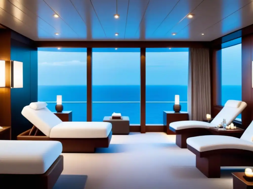 Elegante spa en crucero con decoración blanca, iluminación suave y vista al mar