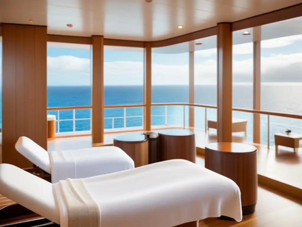 Un elegante spa en un crucero con tonos neutros, vistas al mar y ambiente relajante