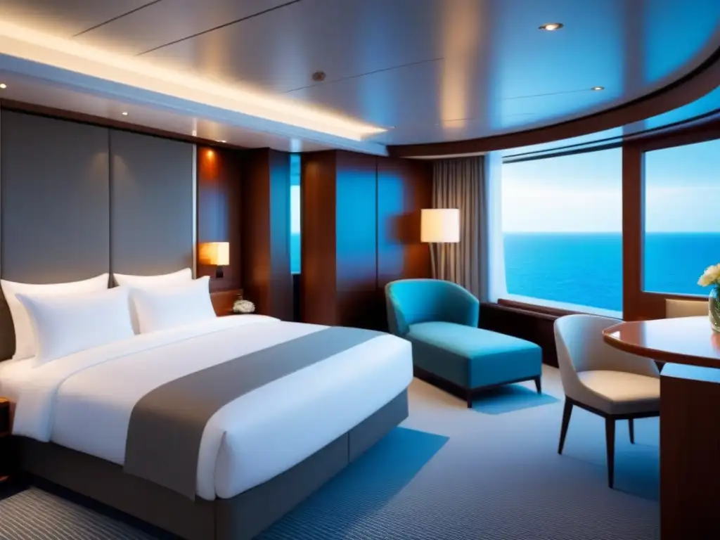 Elegante suite de crucero de lujo con cama grande, decoración elegante y balcón privado con vista al mar, creando una atmósfera serena y lujosa