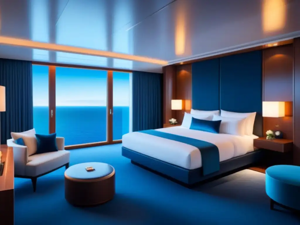 Elegante suite de crucero con tecnología de lujo y vistas al mar infinito