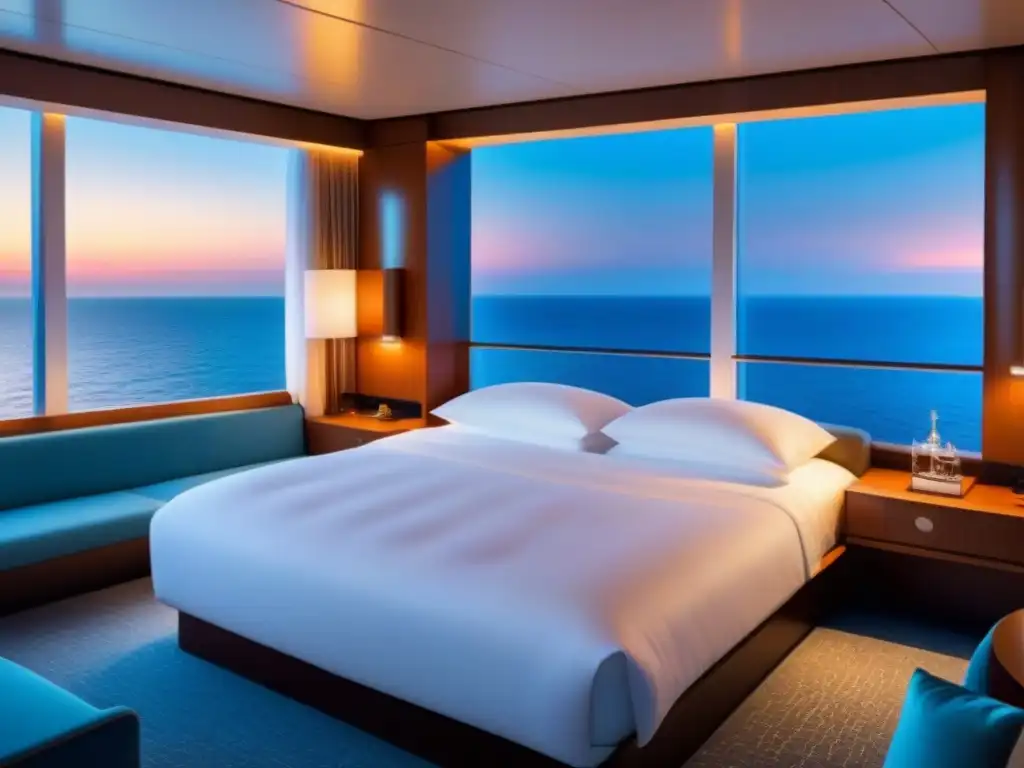 Elegante suite de crucero con tecnología de lujo y diseño moderno, cama king size y ventana panorámica con vista al mar