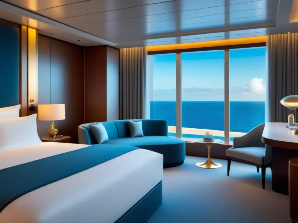 Elegante suite de lujo en crucero con cama king size, escritorio moderno y vista al mar