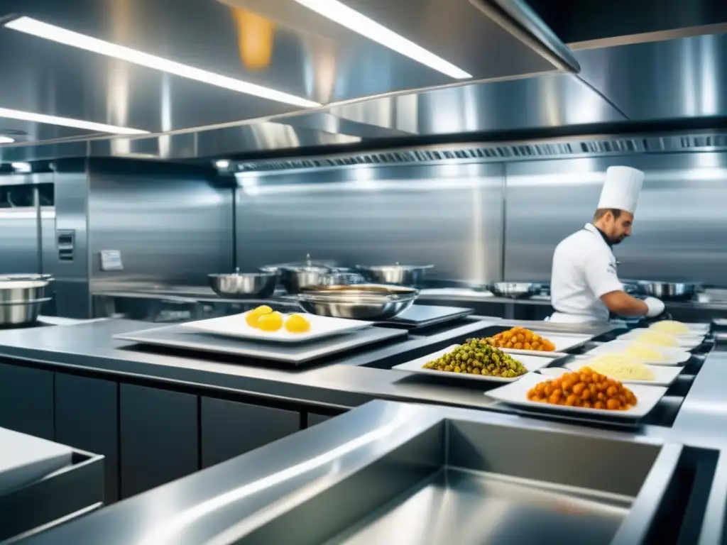 Un elegante taller de cocina en un crucero, donde chefs uniformados preparan exquisitos platos con precisión y enfoque