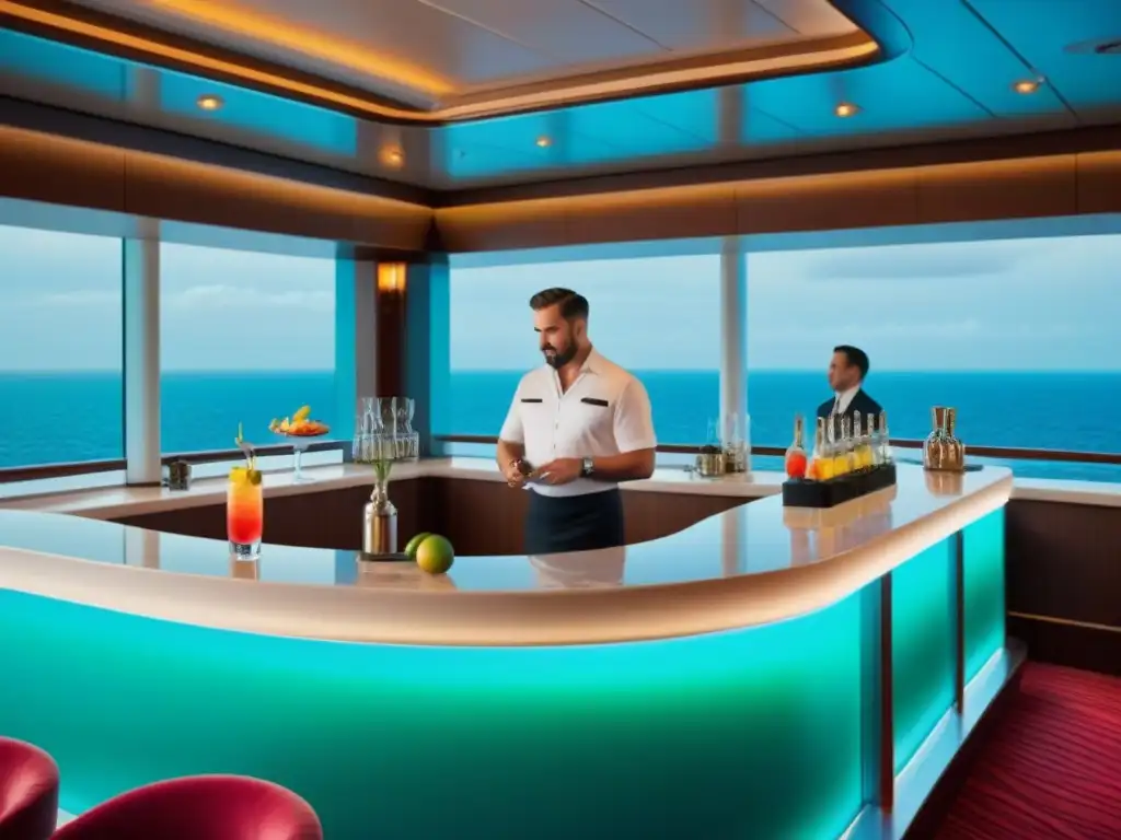 Un elegante taller de coctelería en un crucero, con un bar moderno y una vista al mar