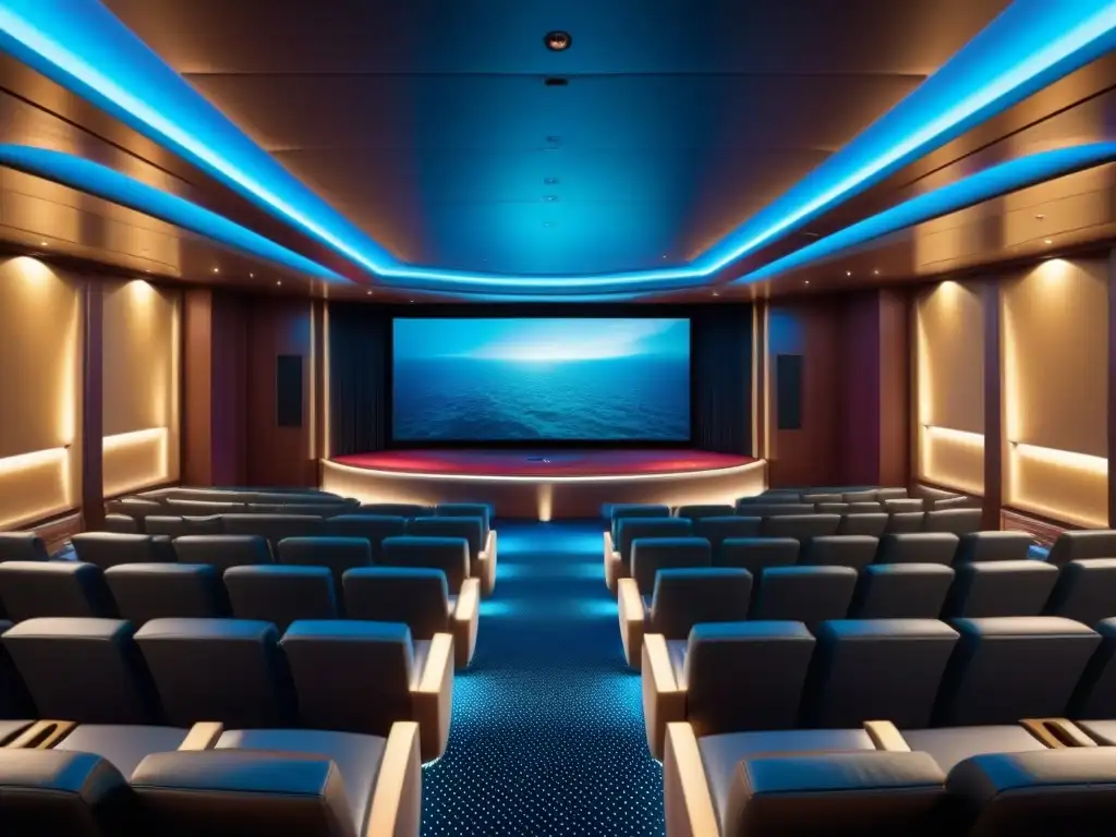 Elegante teatro de crucero con sistemas audio video de lujo, diseño minimalista y pantallas de alta definición bajo el mar