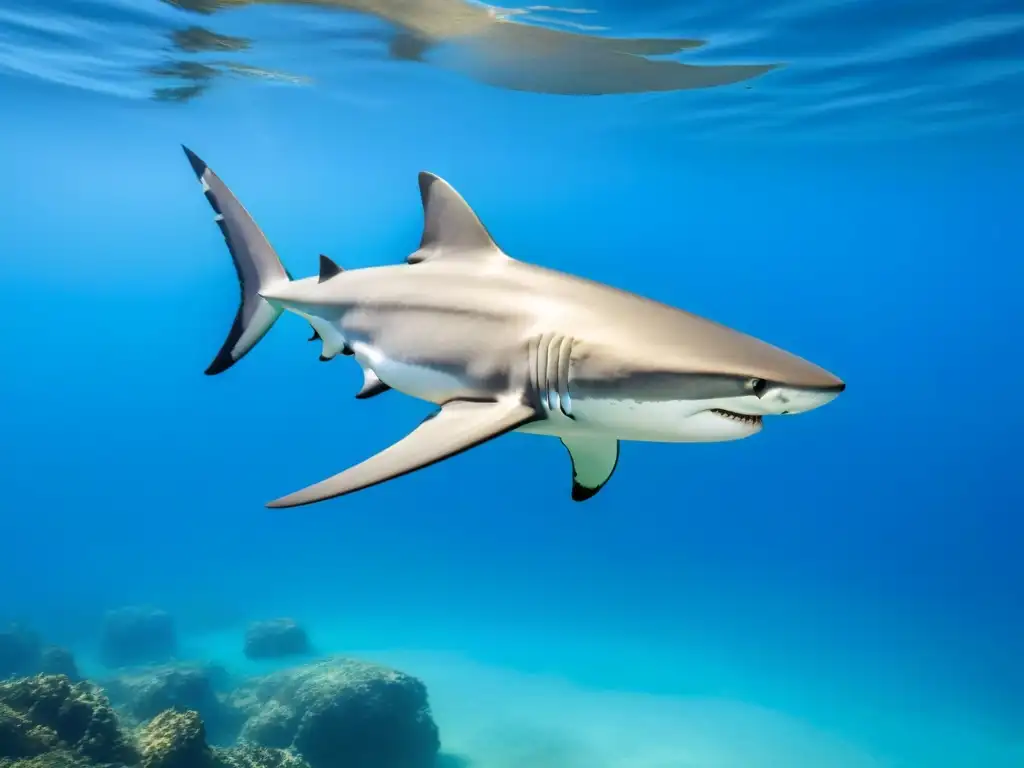 Un elegante tiburón plateado nada grácilmente en aguas turquesas rodeado de peces brillantes