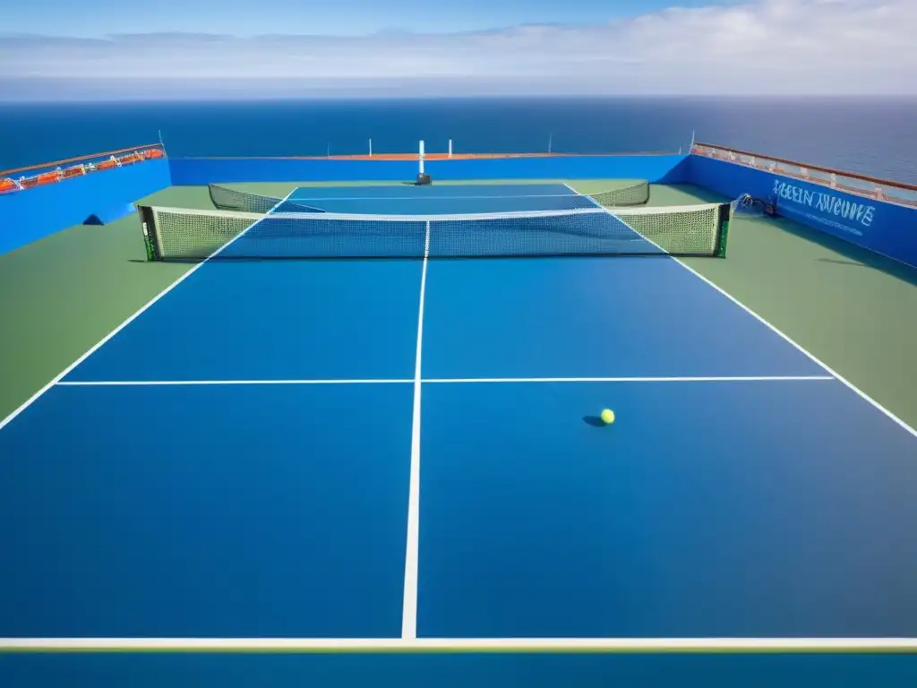 Un elegante torneo de tenis en cruceros: canchas impecables con el mar de fondo y raquetas listas para el juego