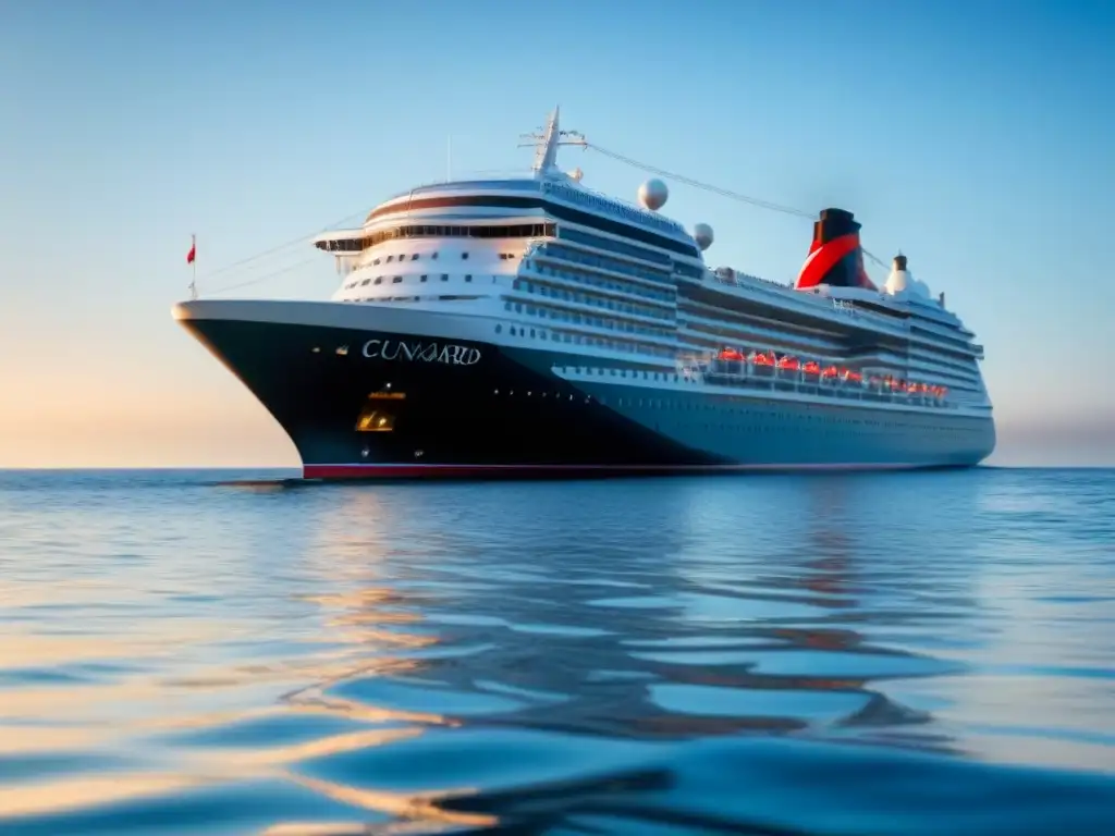 Un elegante transatlántico blanco de la historia Cunard Line navegando en aguas tranquilas bajo un cielo azul claro, irradiando lujo y elegancia