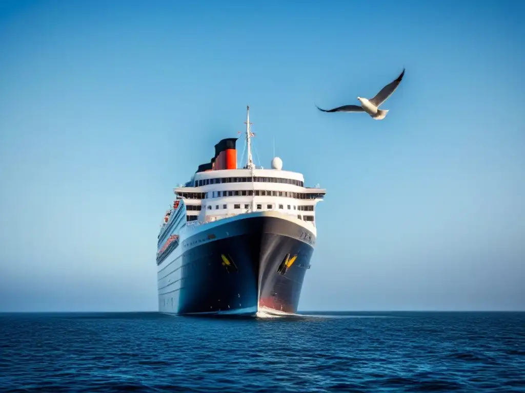 Un elegante transatlántico cortando el mar, con seagulls y reflejos, evocando el impacto del turismo marítimo