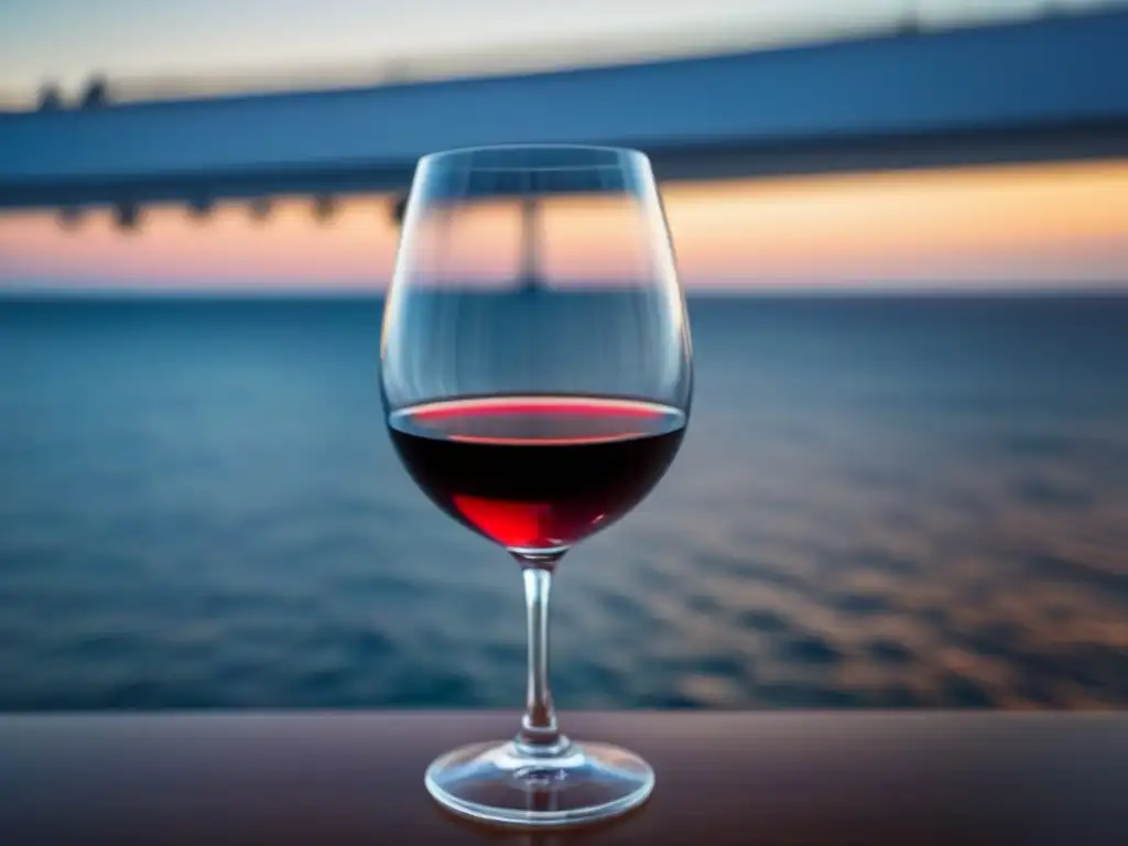 Un elegante vaso de vino tinto sobre un fondo de mar sereno con un crucero, evocando lujo y relax